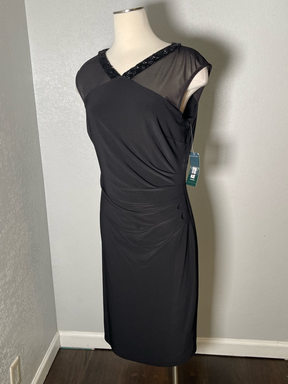 Ralph Lauren Black Beaded V-Neck Midi Dress with Cap Sleeves